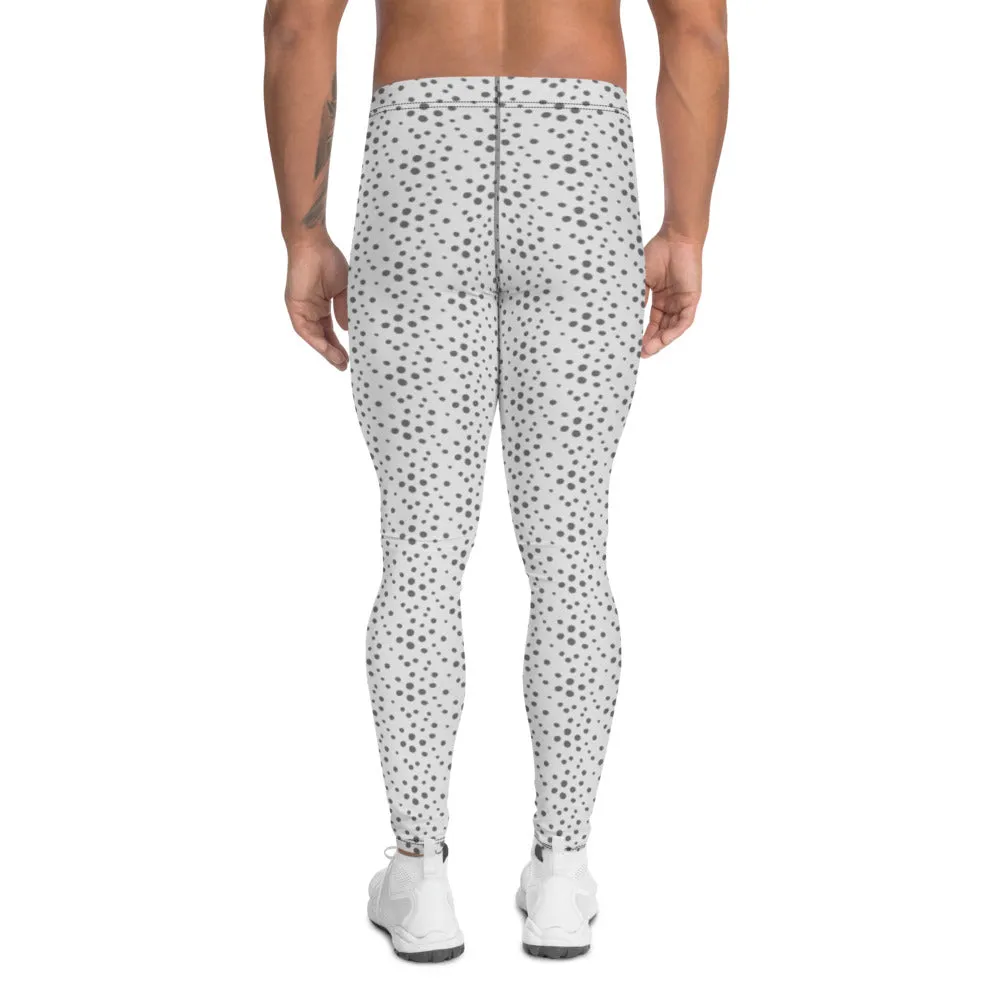 Grey Dotted Men's Leggings, Abstract White Gray Modern Meggings Running Tights - Made in USA/EU/MX