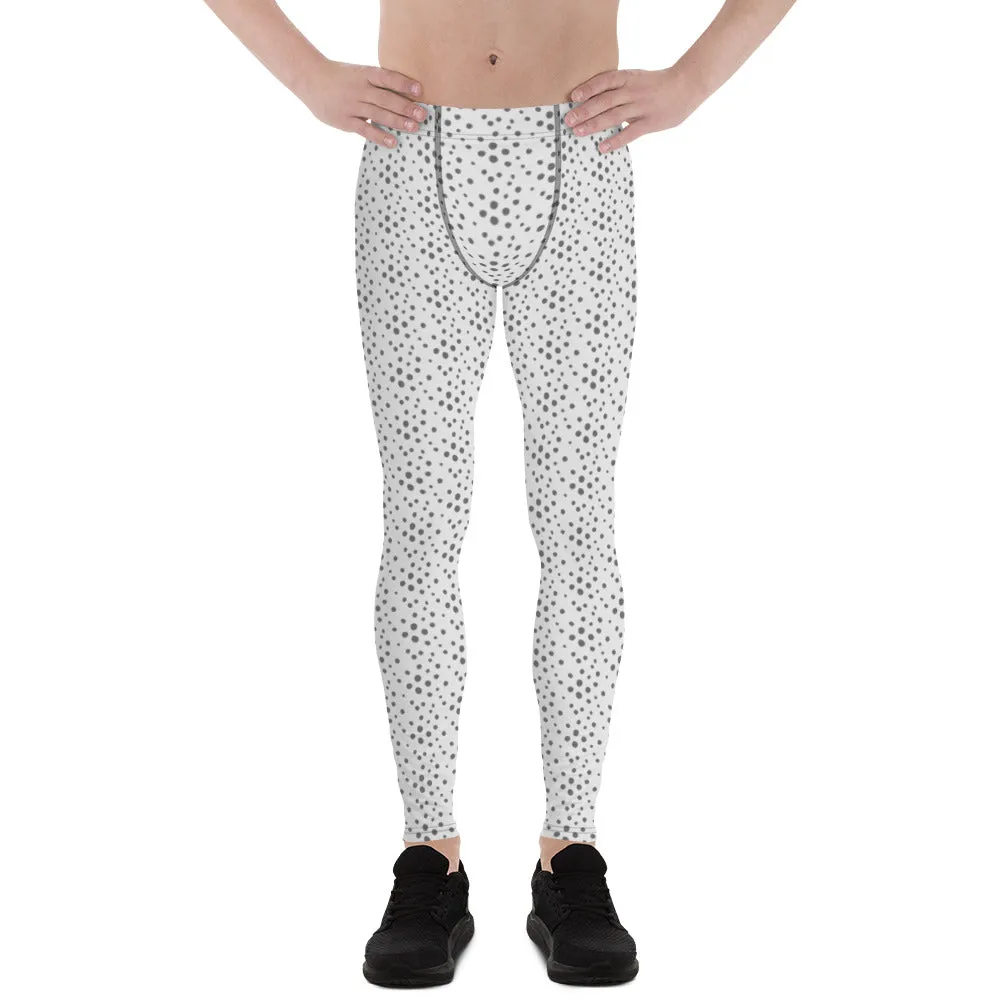 Grey Dotted Men's Leggings, Abstract White Gray Modern Meggings Running Tights - Made in USA/EU/MX