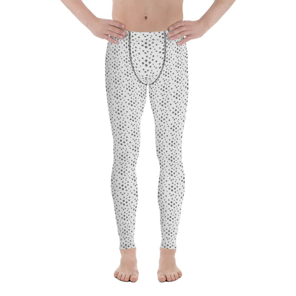 Grey Dotted Men's Leggings, Abstract White Gray Modern Meggings Running Tights - Made in USA/EU/MX