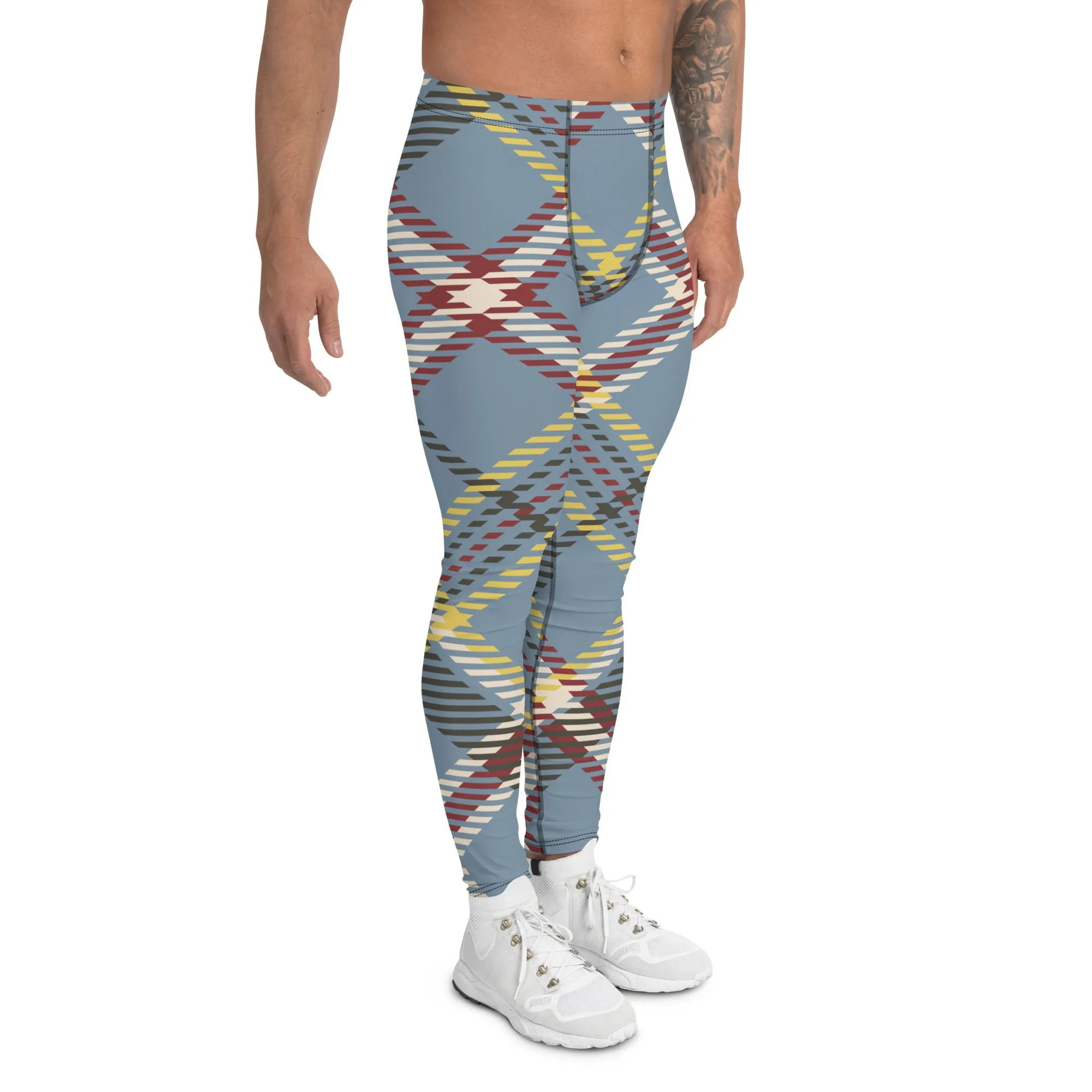 Grey Plaid Print Men's Leggings, Classic Tartan Plaid Print Meggings Compression Christmas Tights-Made in USA/EU/MX