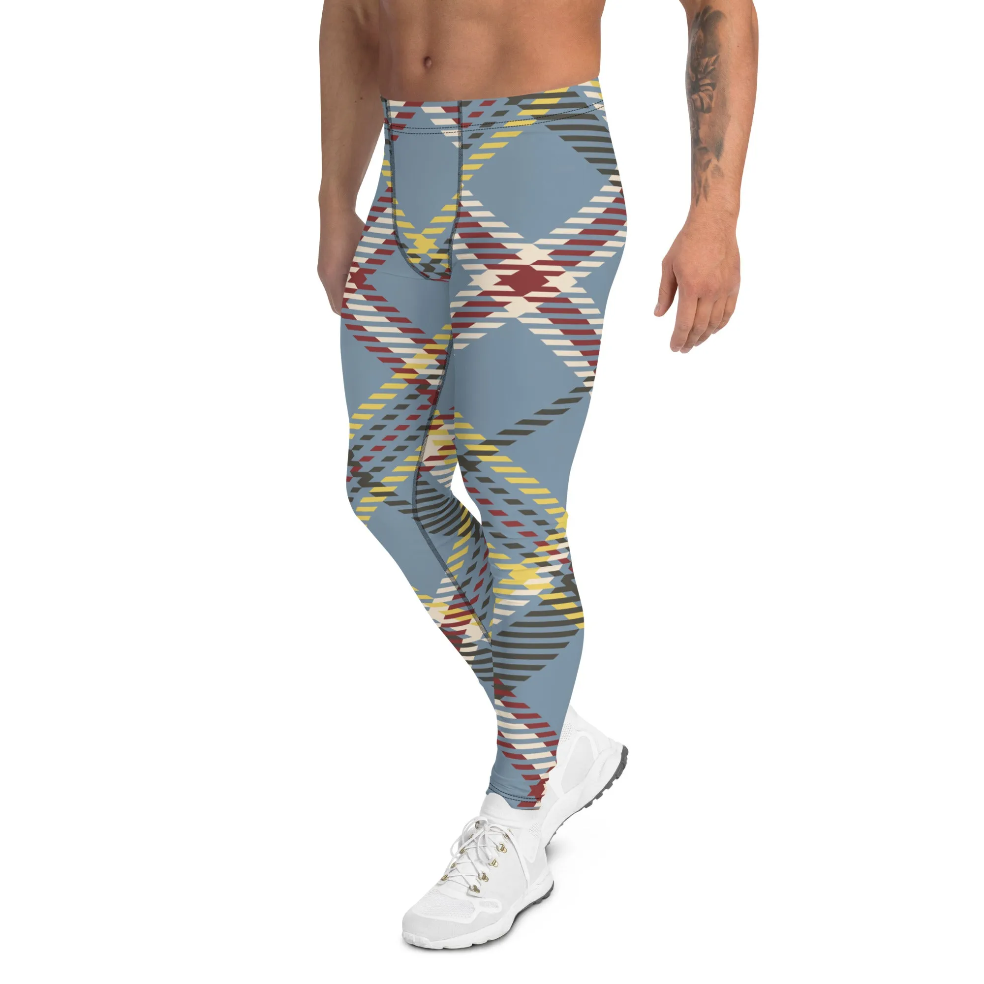 Grey Plaid Print Men's Leggings, Classic Tartan Plaid Print Meggings Compression Christmas Tights-Made in USA/EU/MX