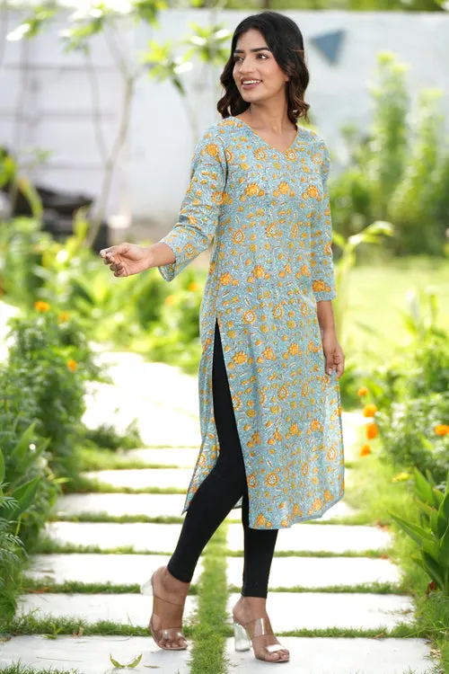 Greyed Saffron Handblock Printed Cotton Kurti