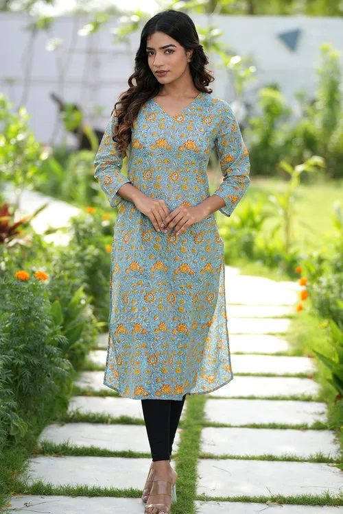 Greyed Saffron Handblock Printed Cotton Kurti