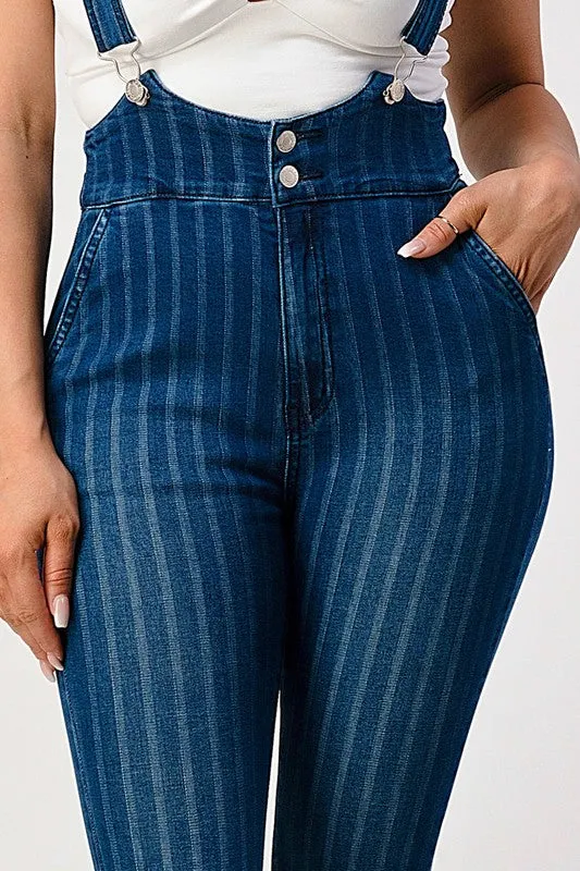 HIGH WAIST STRIPED STRETCH FLARED DENIM JUMPSUIT