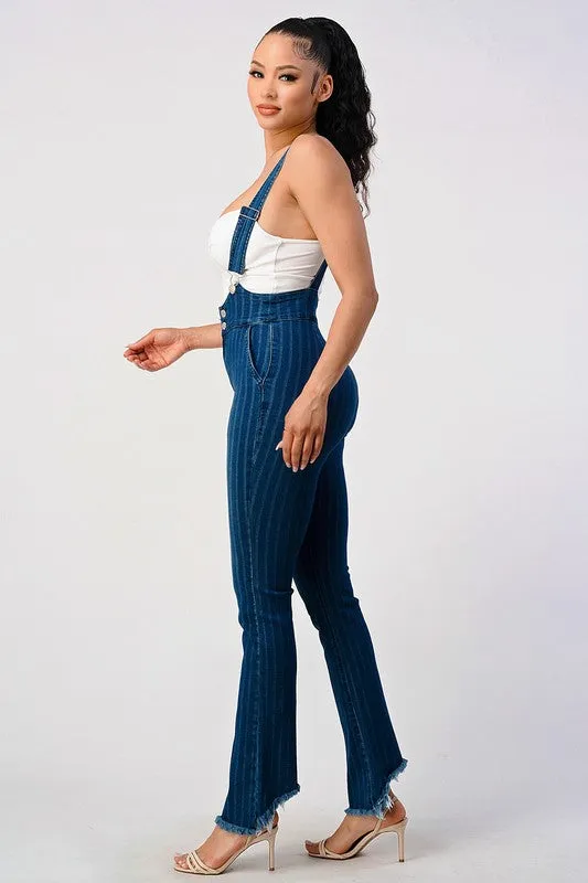 HIGH WAIST STRIPED STRETCH FLARED DENIM JUMPSUIT