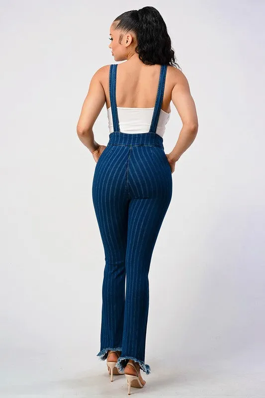 HIGH WAIST STRIPED STRETCH FLARED DENIM JUMPSUIT