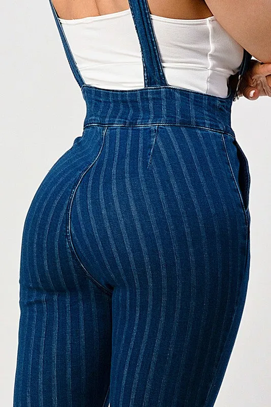 HIGH WAIST STRIPED STRETCH FLARED DENIM JUMPSUIT