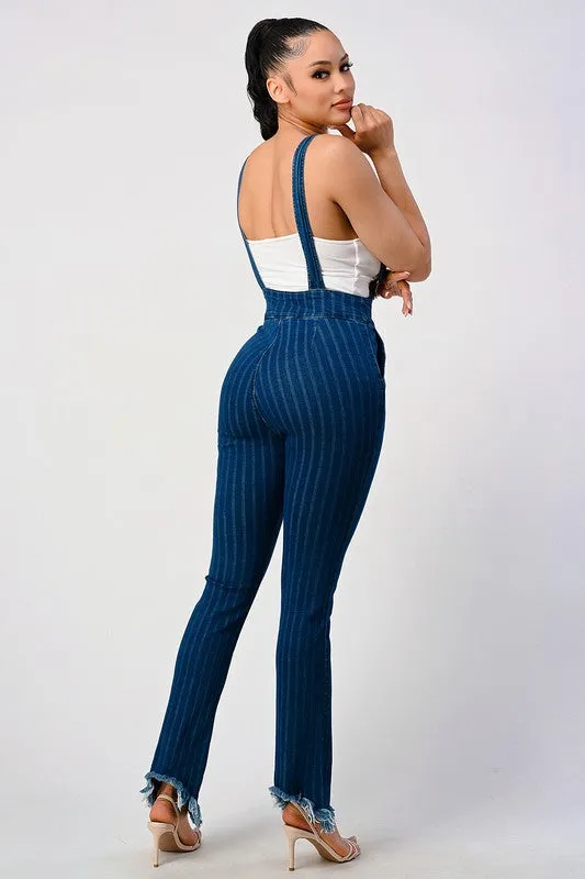 HIGH WAIST STRIPED STRETCH FLARED DENIM JUMPSUIT