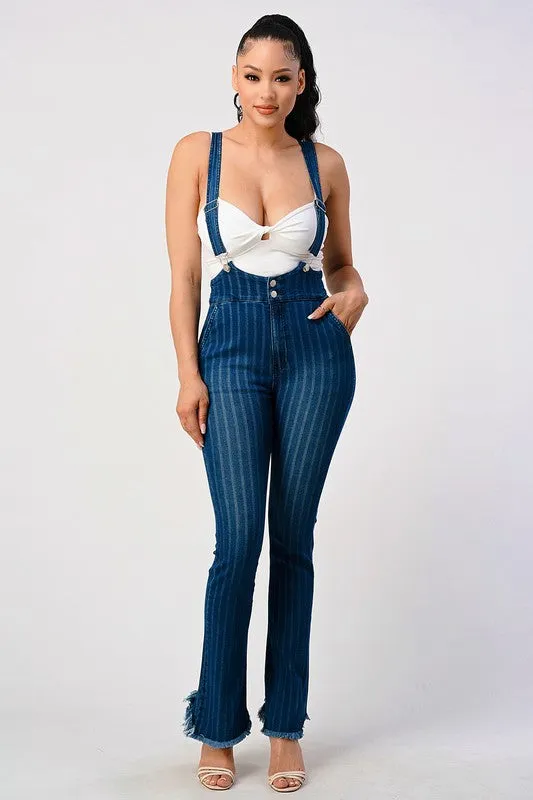 HIGH WAIST STRIPED STRETCH FLARED DENIM JUMPSUIT