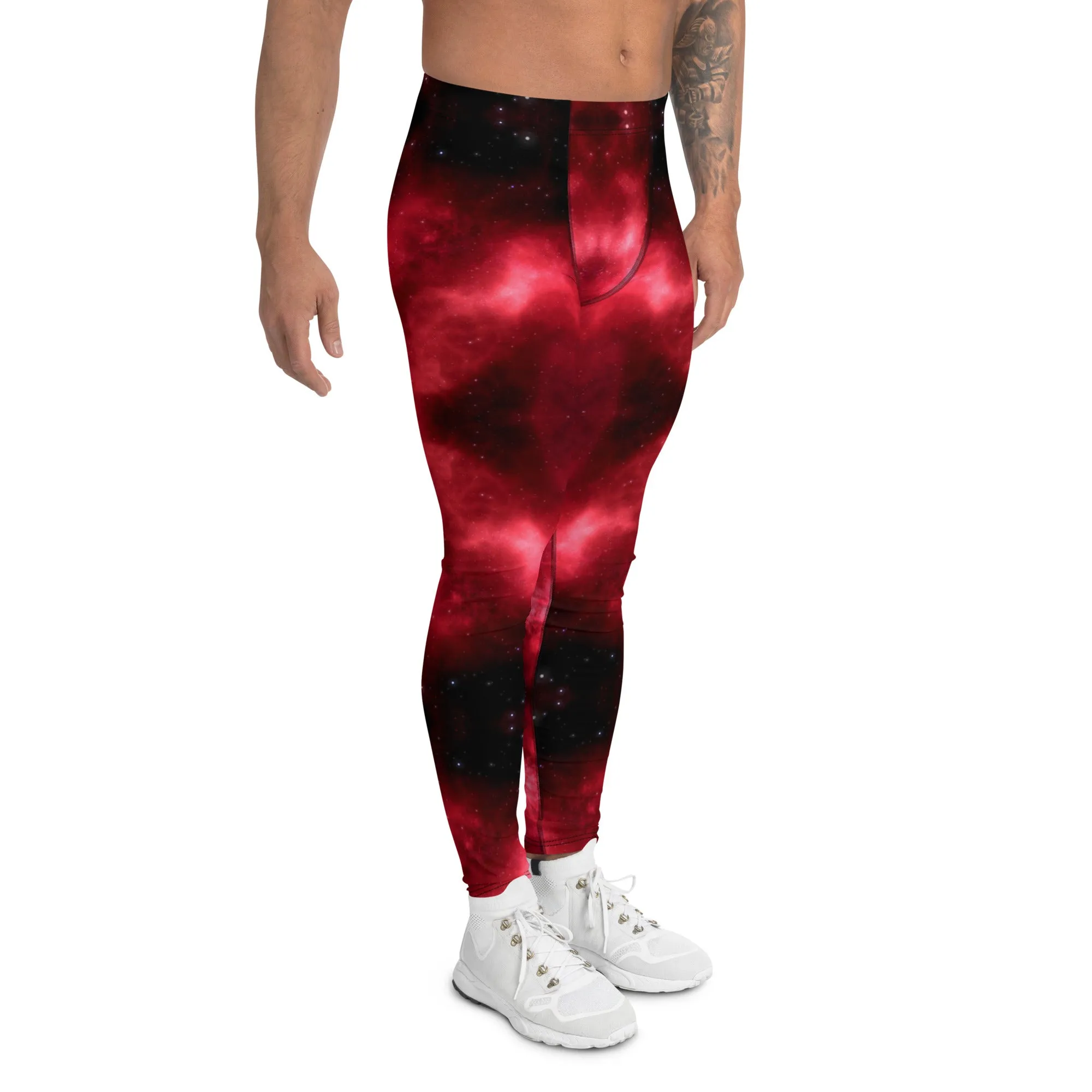 Hot Red Lightning Men's Leggings, Mens Lightning Storm Pants, Thunder Lightning Leggings For Men-Made in USA/EU/MX