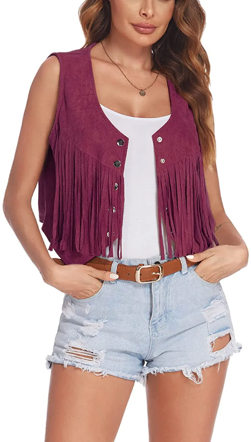 Hotouch Fringe Vest Women Faux Suede Open-Front Vintage Vest Sleeveless 70s Hippie Clothes Boho Western Jacket