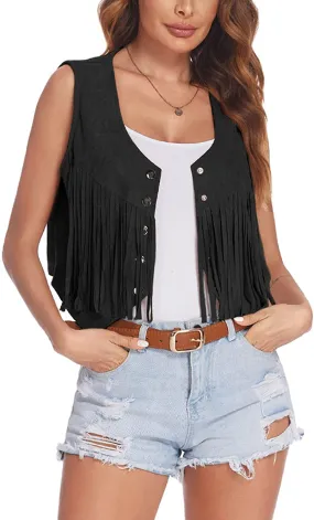 Hotouch Fringe Vest Women Faux Suede Open-Front Vintage Vest Sleeveless 70s Hippie Clothes Boho Western Jacket