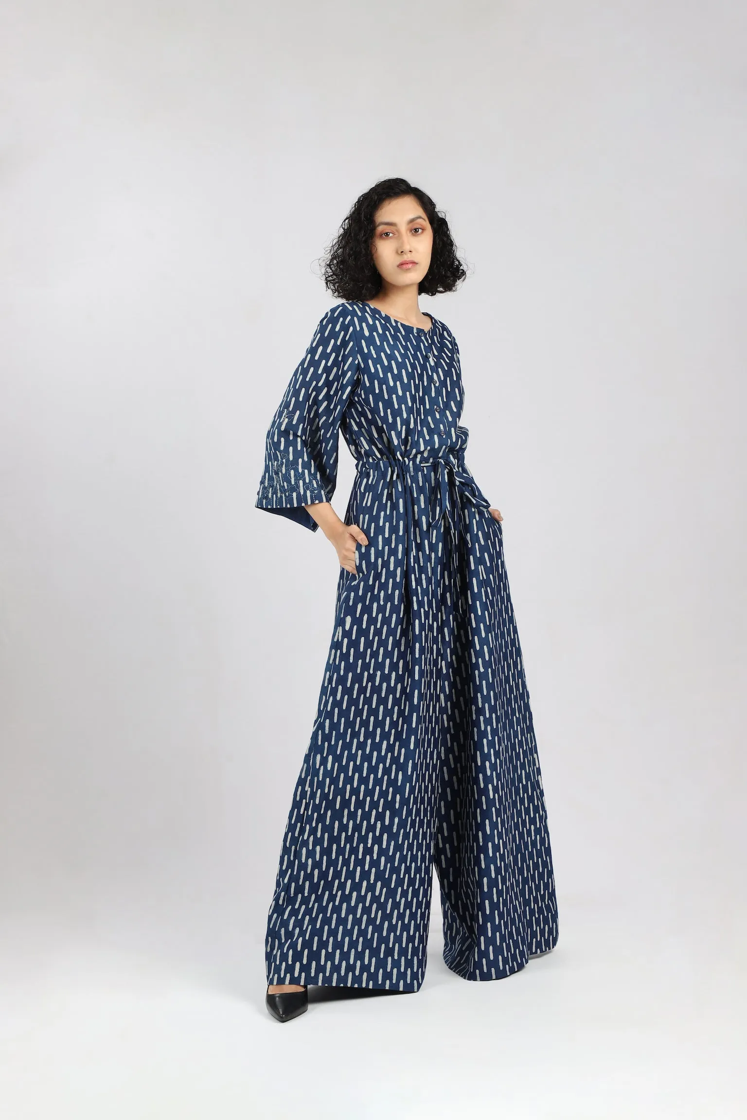 Indigo Bagru print Broken Stripe Jumpsuit