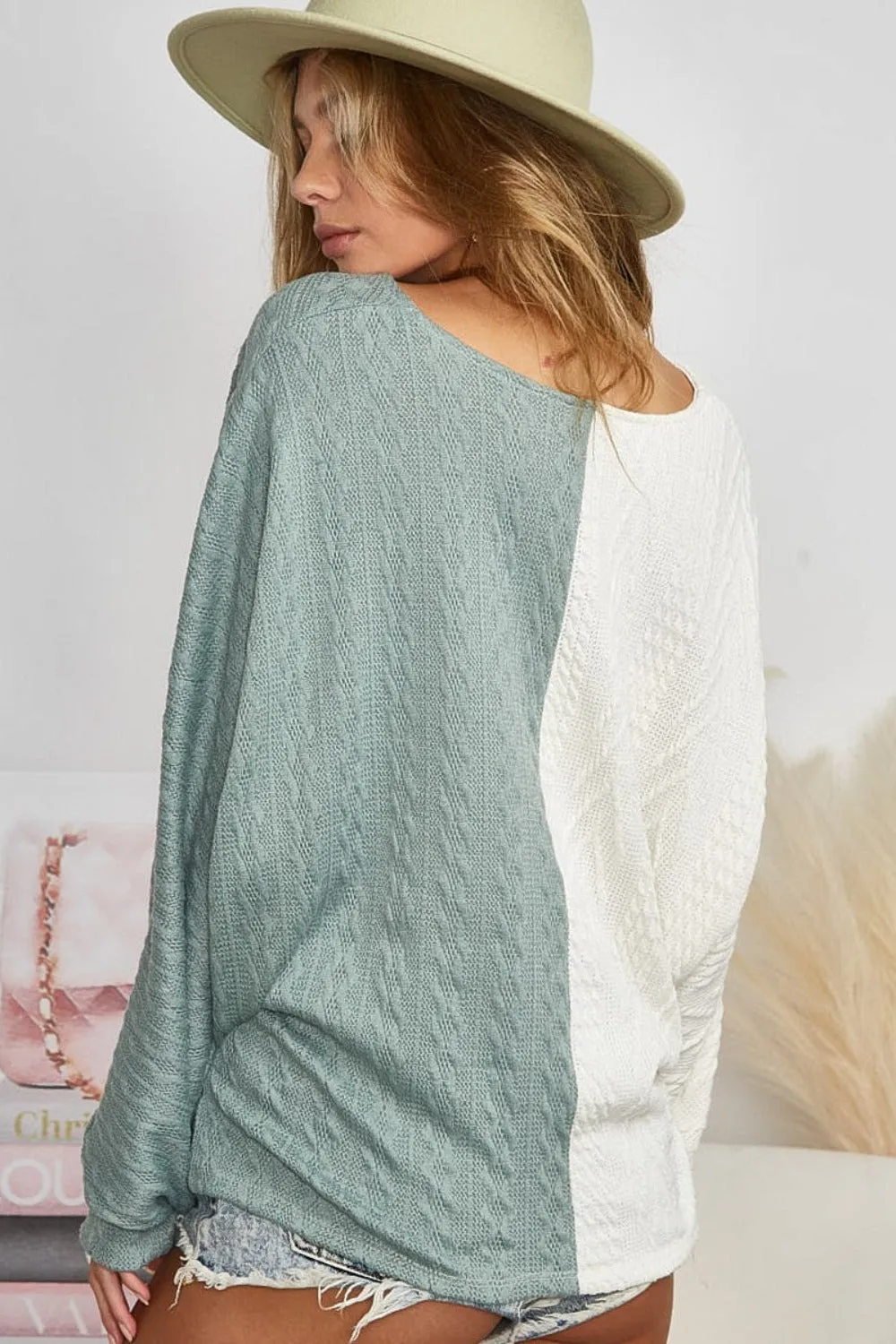 Ivory and Sage Twist Front Contrast Cable Knit Top | Casual Tops | Casual Sweaters