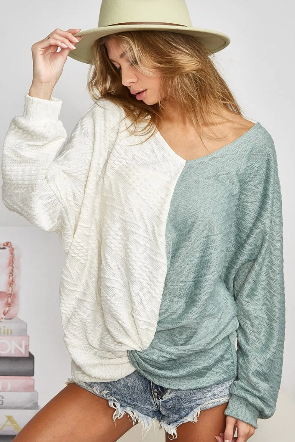 Ivory and Sage Twist Front Contrast Cable Knit Top | Casual Tops | Casual Sweaters