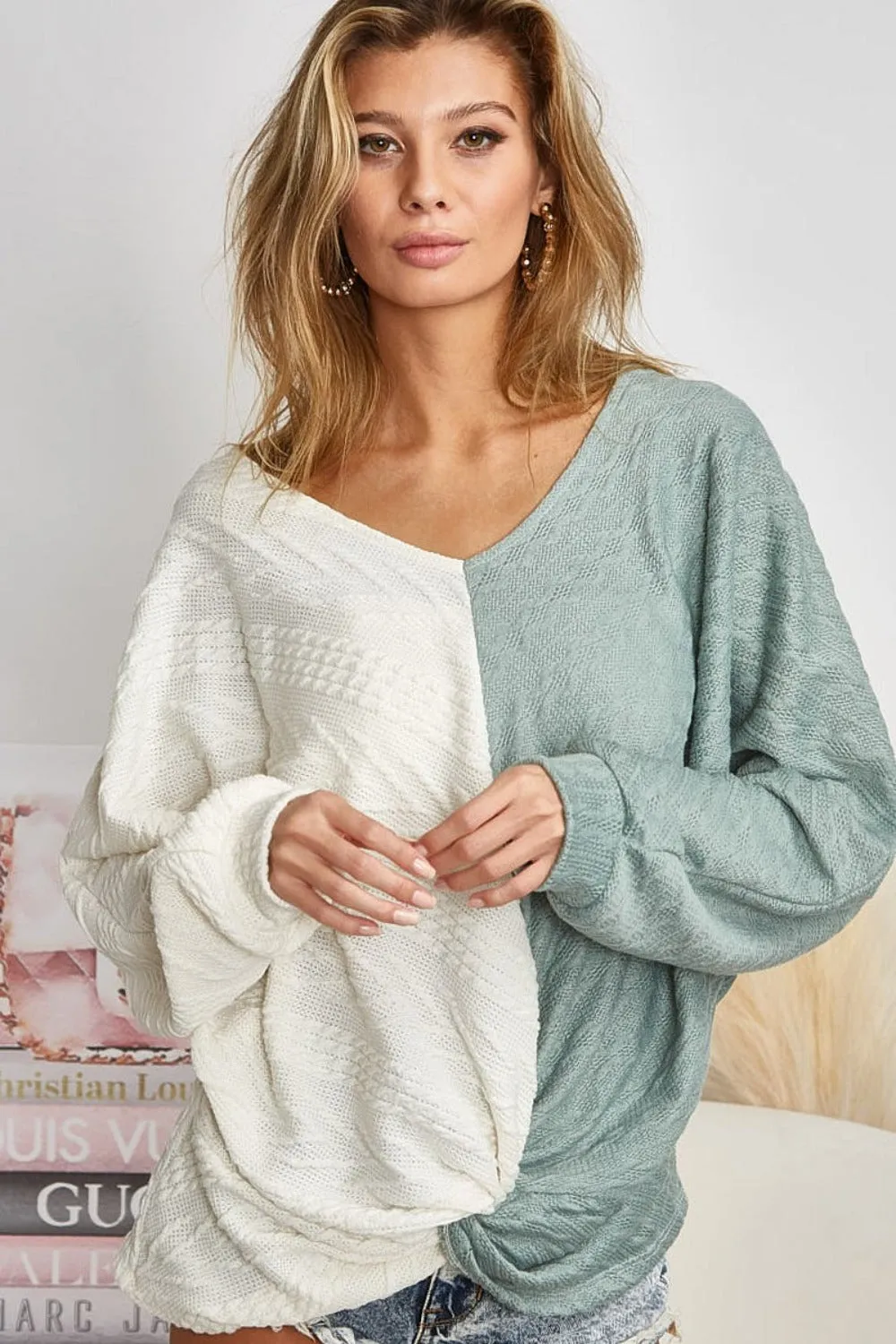 Ivory and Sage Twist Front Contrast Cable Knit Top | Casual Tops | Casual Sweaters