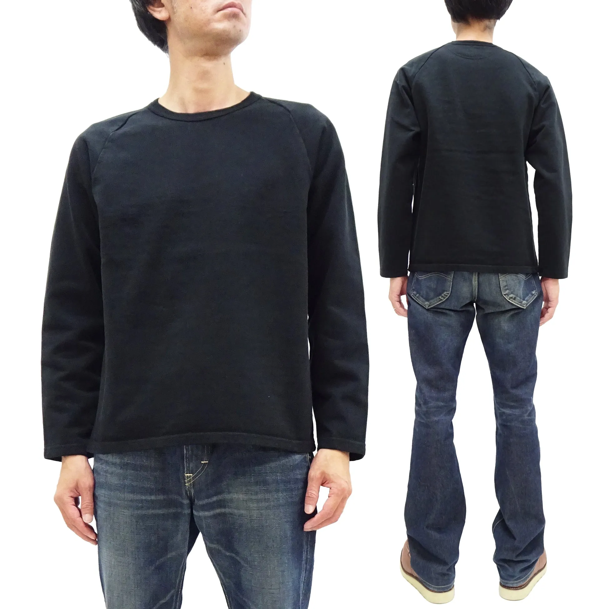 Japan Blue Jeans Long Sleeve French Terry T-Shirt Men's Casual Plain Crew-Neck Raglan-Sleeve Inlay Shirt JBKN1001 Black