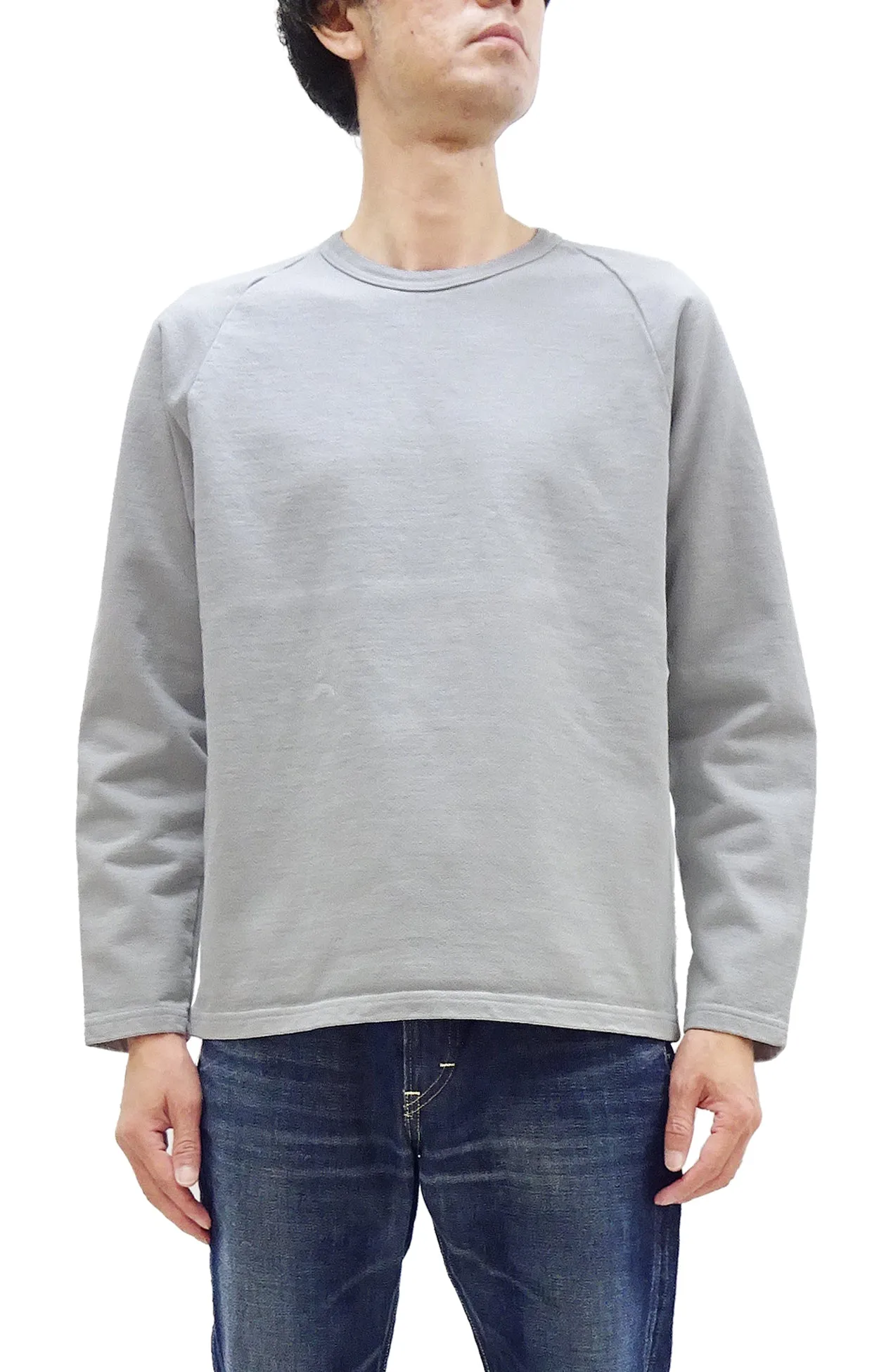 Japan Blue Jeans Long Sleeve French Terry T-Shirt Men's Casual Plain Crew-Neck Raglan-Sleeve Inlay Shirt JBKN1001 Light-Gray