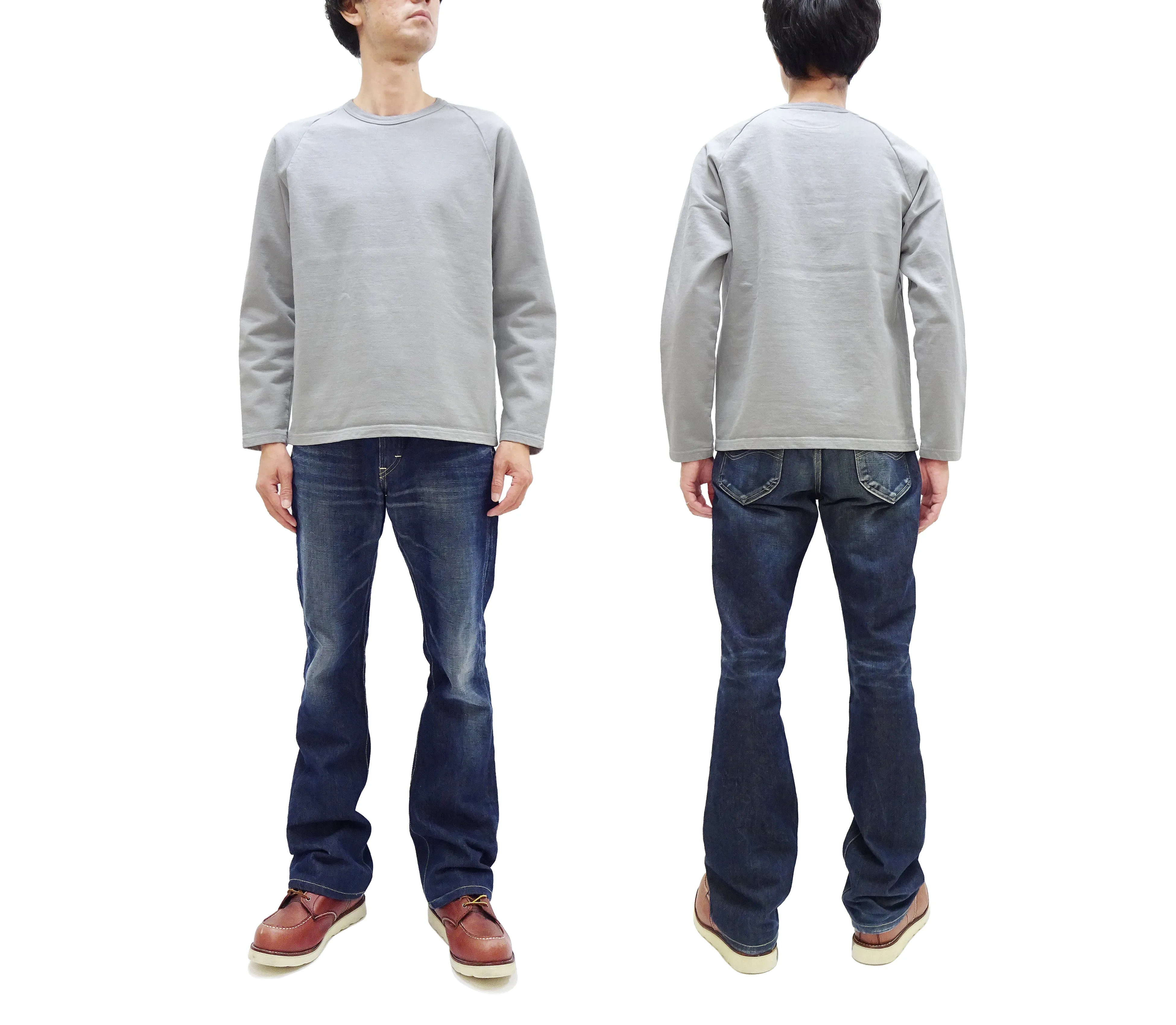 Japan Blue Jeans Long Sleeve French Terry T-Shirt Men's Casual Plain Crew-Neck Raglan-Sleeve Inlay Shirt JBKN1001 Light-Gray