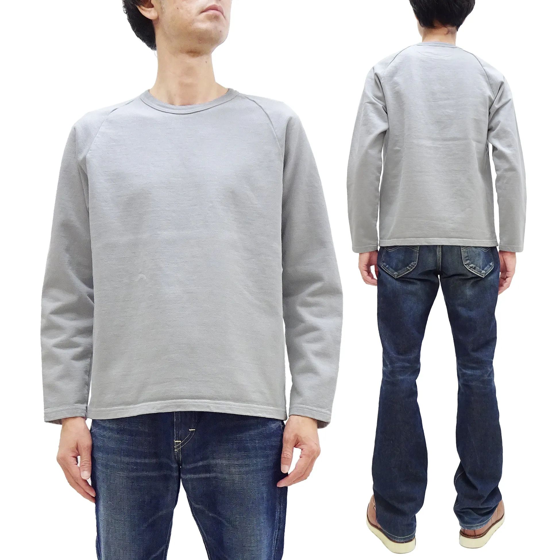 Japan Blue Jeans Long Sleeve French Terry T-Shirt Men's Casual Plain Crew-Neck Raglan-Sleeve Inlay Shirt JBKN1001 Light-Gray