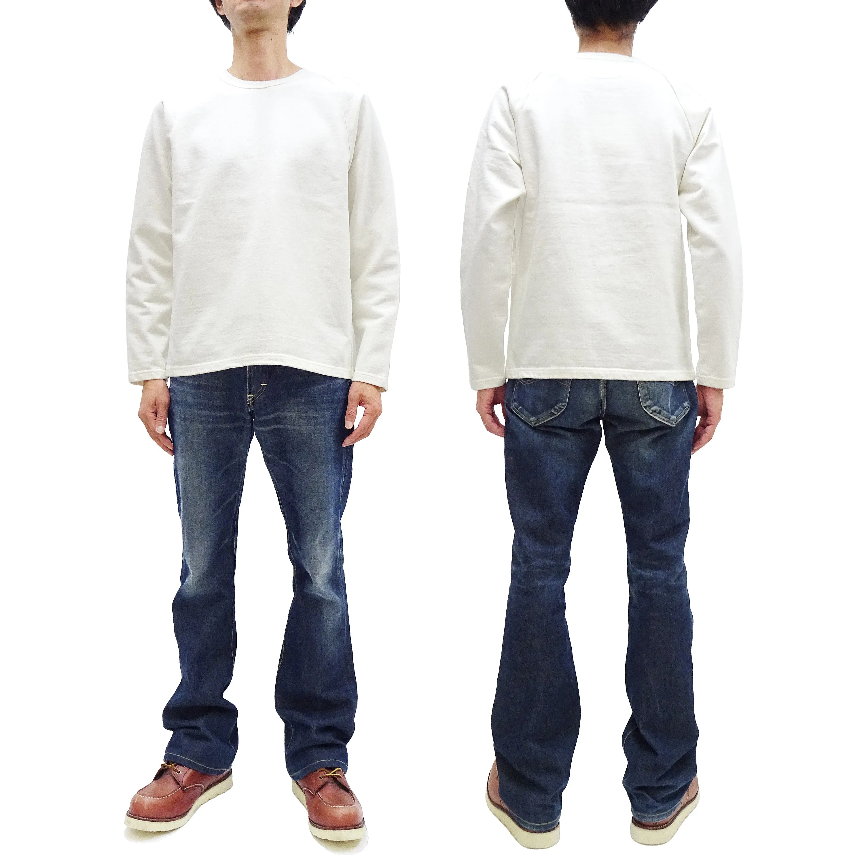 Japan Blue Jeans Long Sleeve French Terry T-Shirt Men's Casual Plain Crew-Neck Raglan-Sleeve Inlay Shirt JBKN1001 White