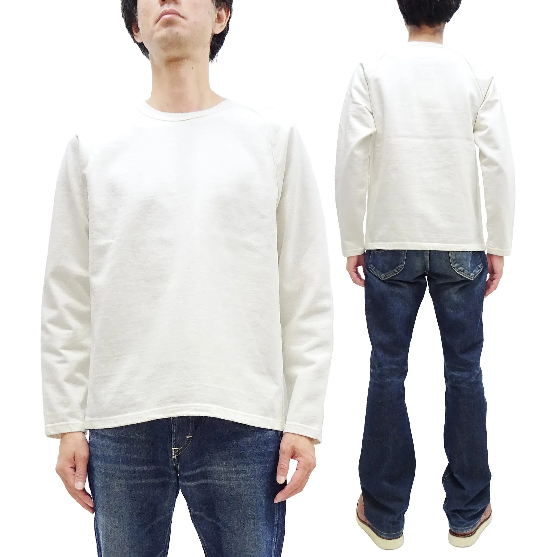 Japan Blue Jeans Long Sleeve French Terry T-Shirt Men's Casual Plain Crew-Neck Raglan-Sleeve Inlay Shirt JBKN1001 White