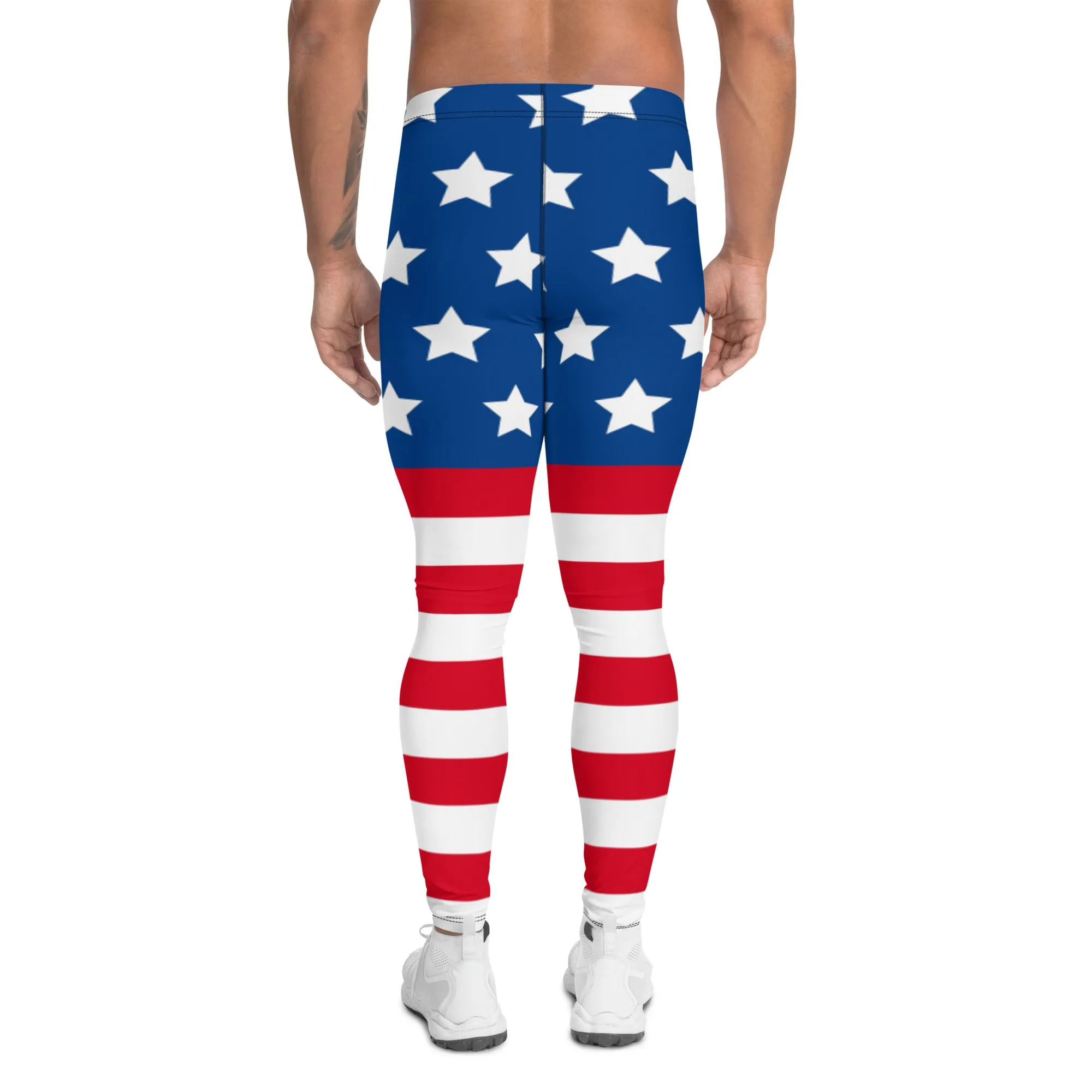 July 4th Holiday Meggings, American Flag Style Meggings, Festive US National Holiday Men's Leggings-Made in USA/EU/MX