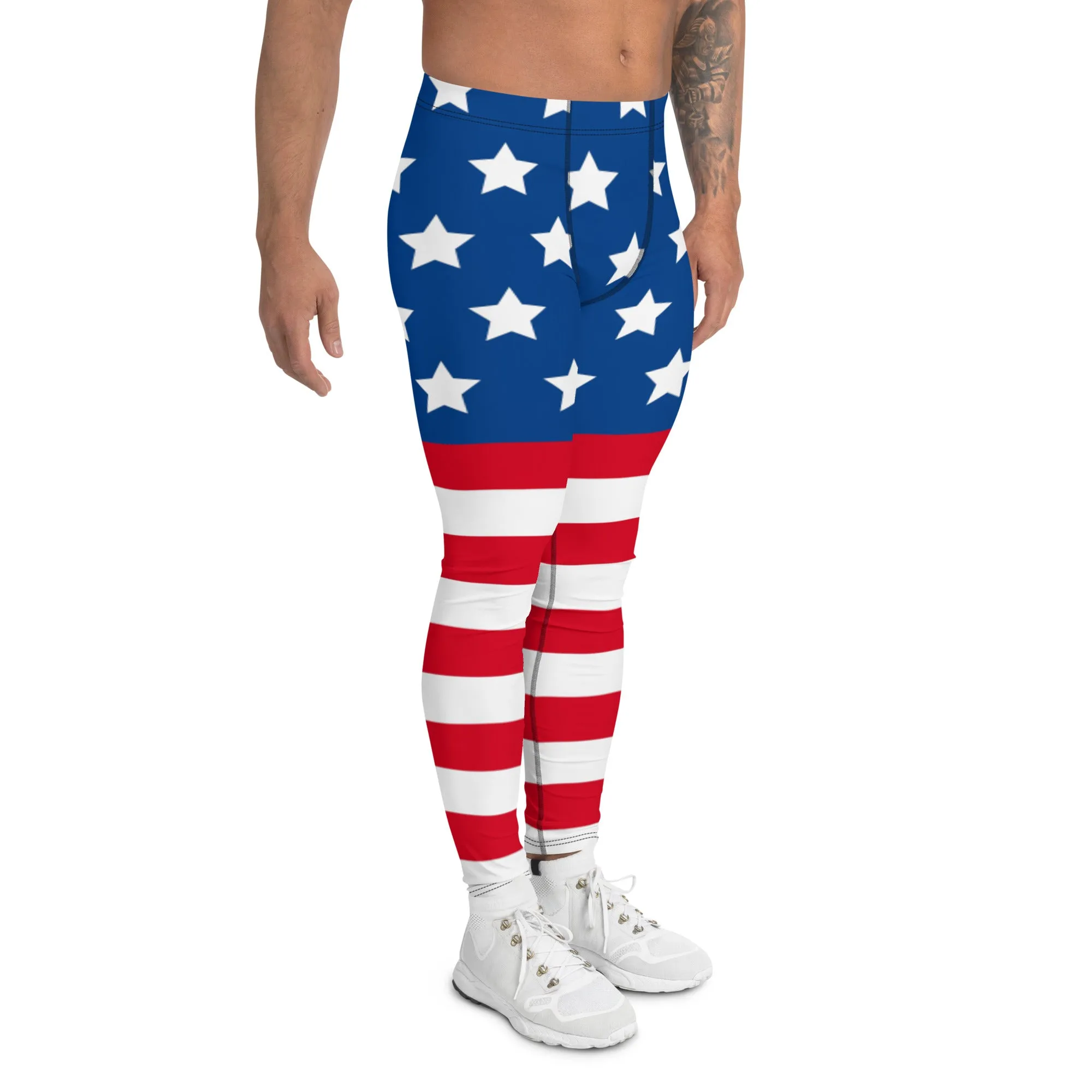 July 4th Holiday Meggings, American Flag Style Meggings, Festive US National Holiday Men's Leggings-Made in USA/EU/MX