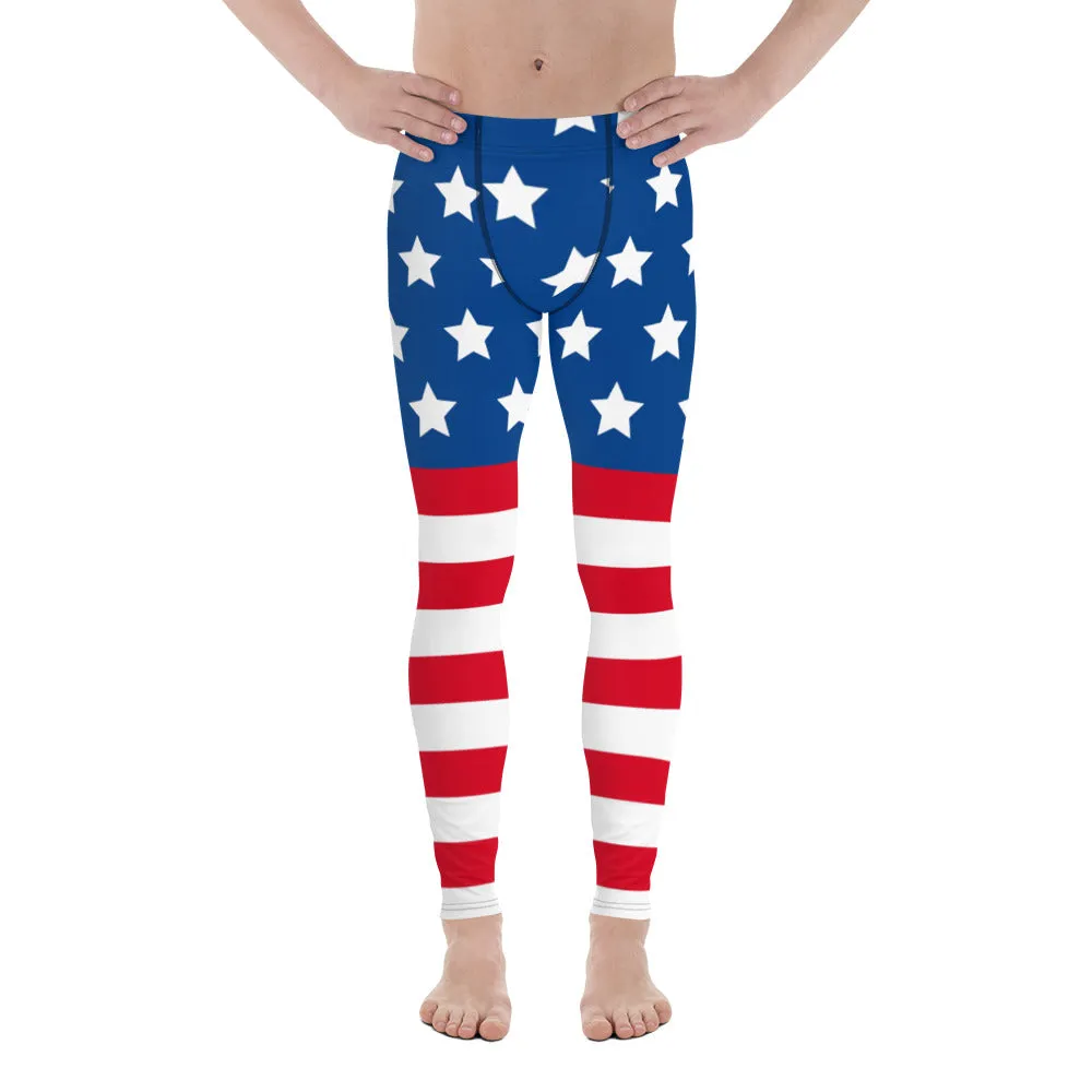 July 4th Holiday Meggings, American Flag Style Meggings, Festive US National Holiday Men's Leggings-Made in USA/EU/MX