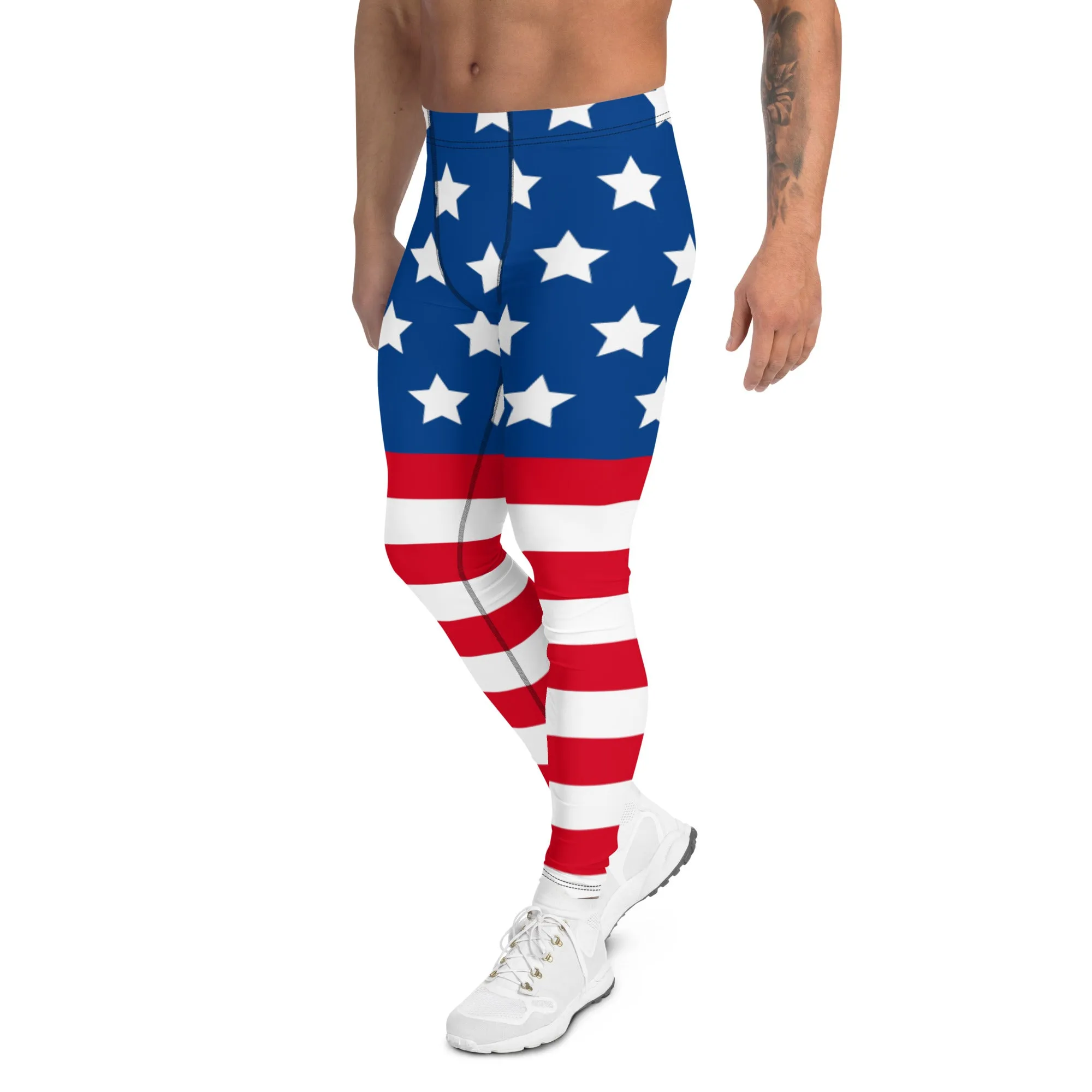 July 4th Holiday Meggings, American Flag Style Meggings, Festive US National Holiday Men's Leggings-Made in USA/EU/MX