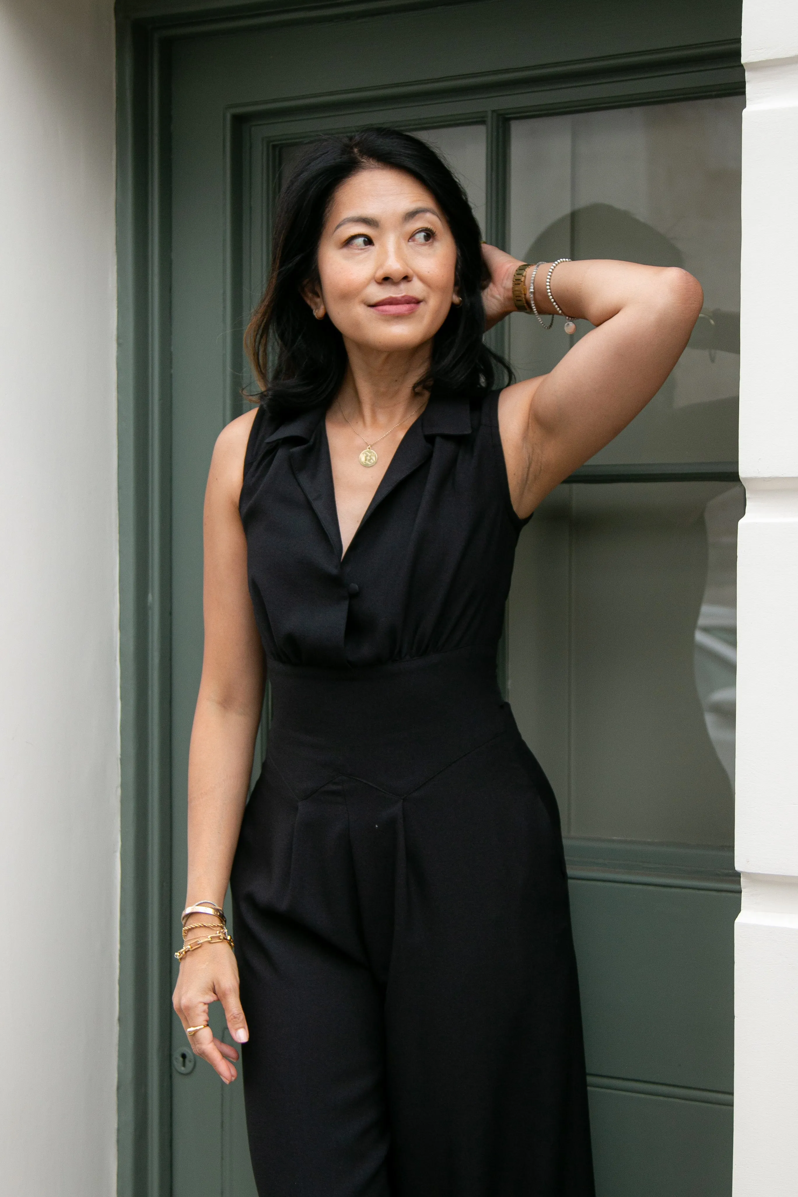 Jumpsuit in black soft crepe sleeveless by Elaine Bernstein