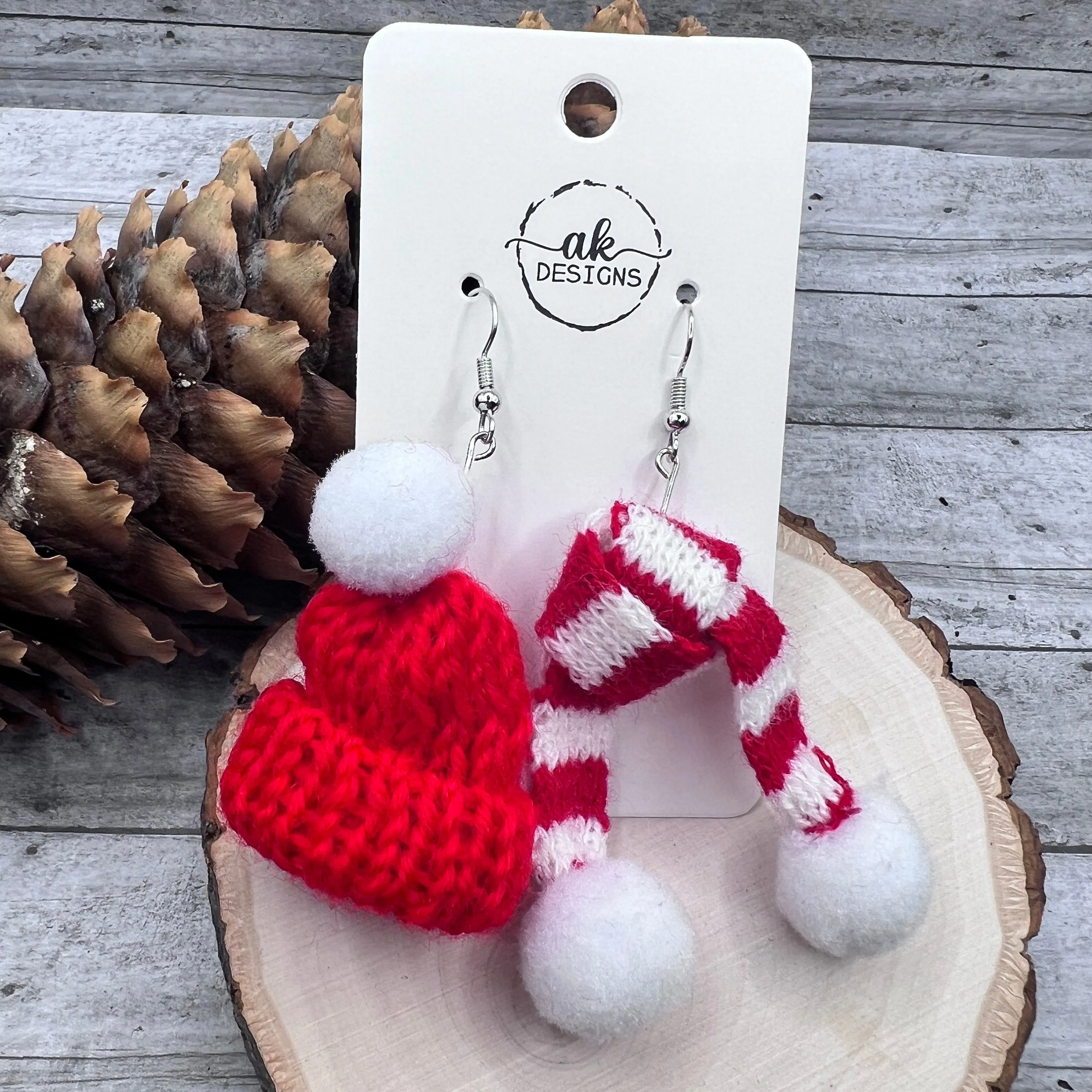 Knit Hat and Scarf Handmade Silly Quirky Oversized Winter Christmas Hypoallergenic  Lightweight Earrings