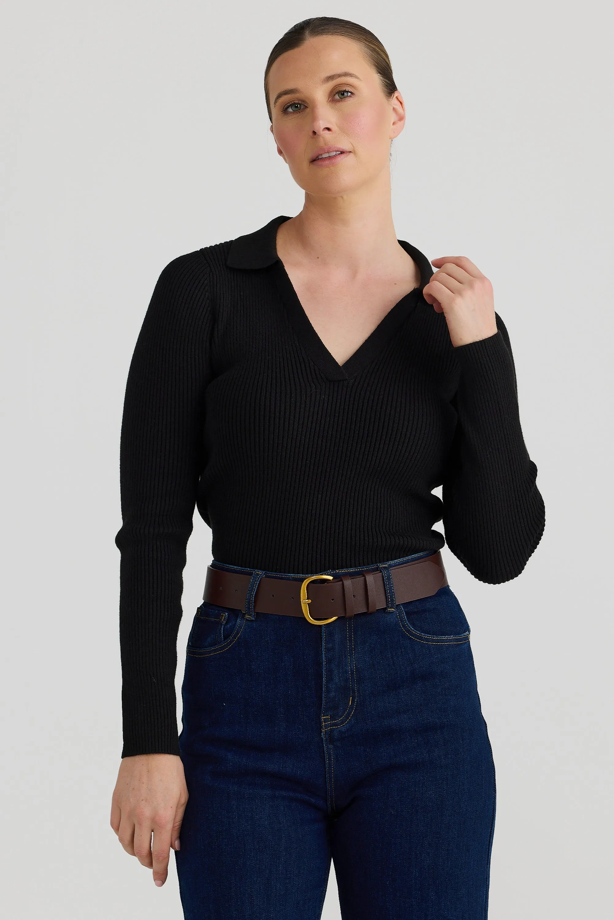 Knit Long Sleeve Polo Top - Black