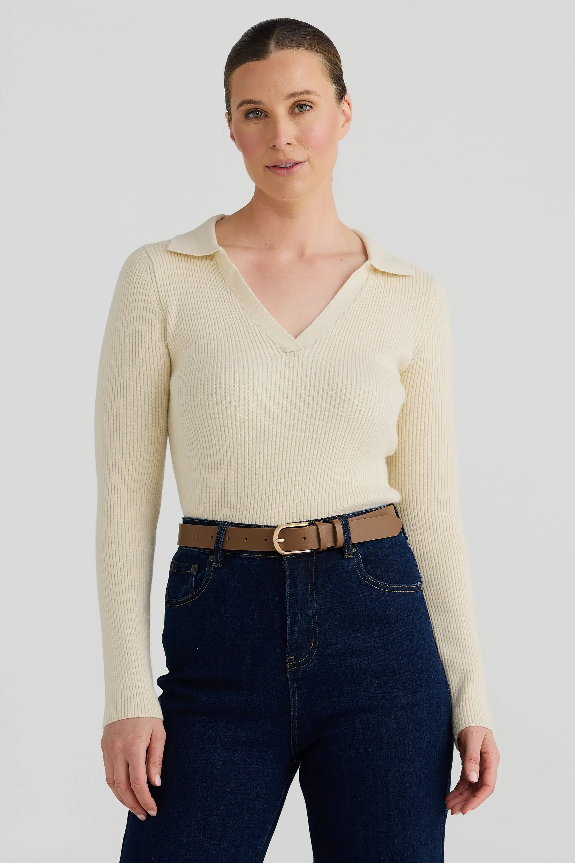 Knit Long Sleeve Polo Top - Bone