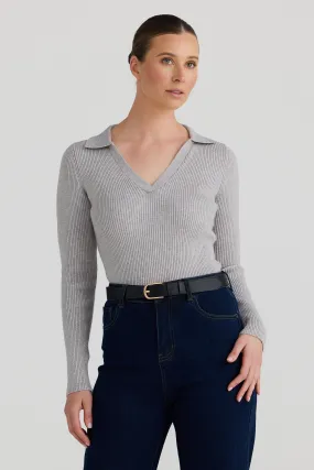 Knit Long Sleeve Polo Top - Grey