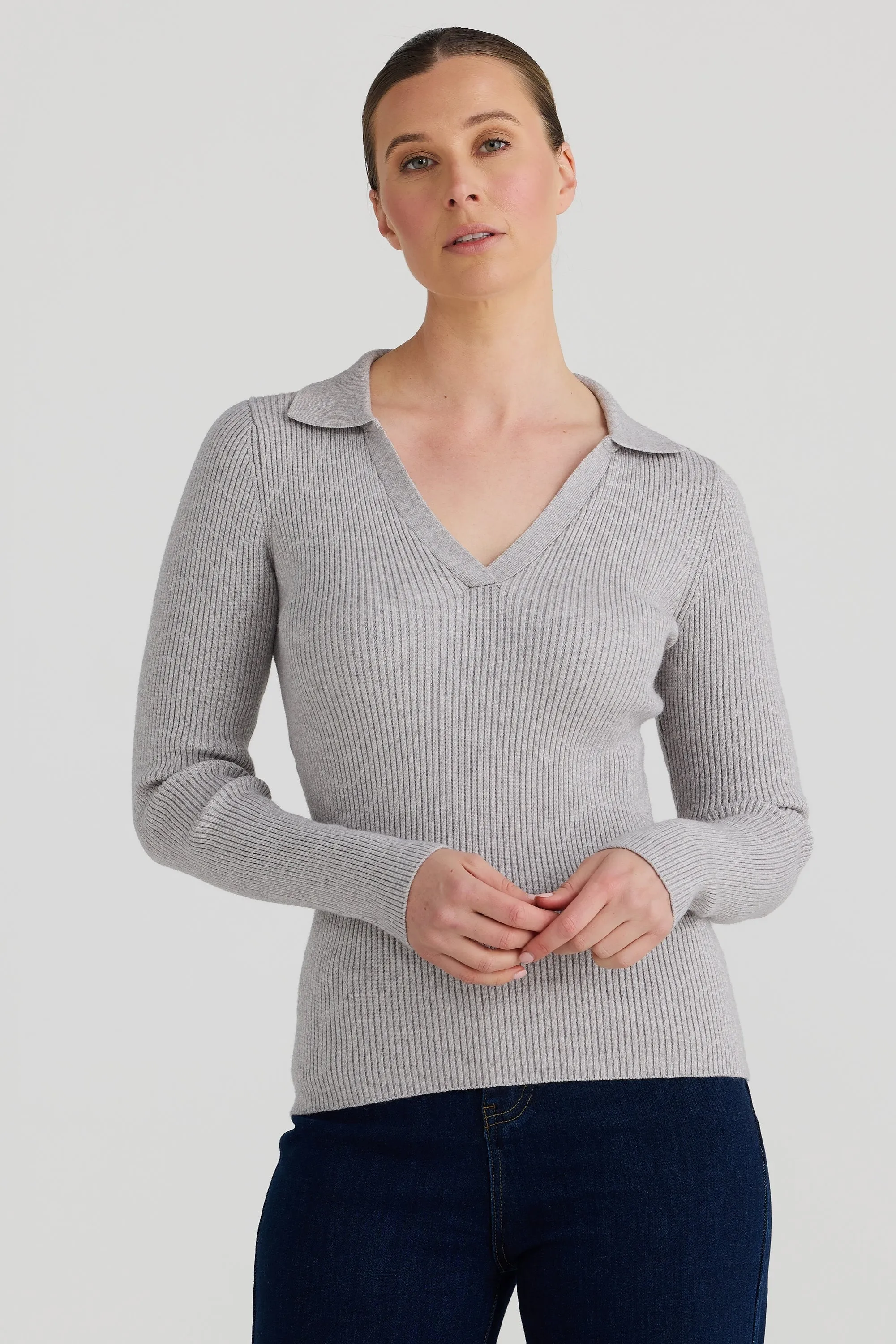 Knit Long Sleeve Polo Top - Grey