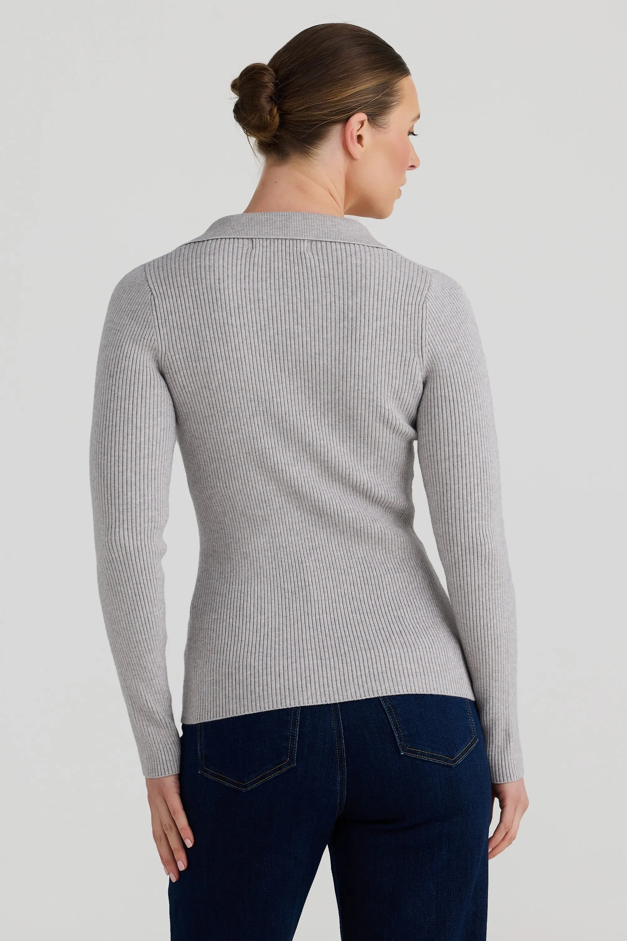 Knit Long Sleeve Polo Top - Grey