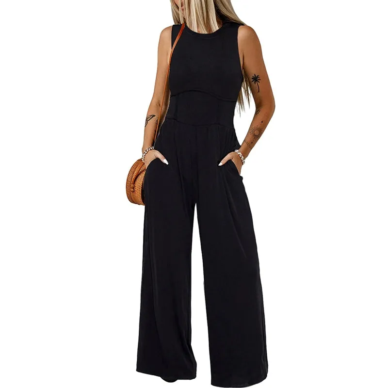 Leisure Minimalist round Neck Vest Jumpsuit for Women 2024 Summer New Arrival Waist-Tight Slimming and Straight Loose Pants Women