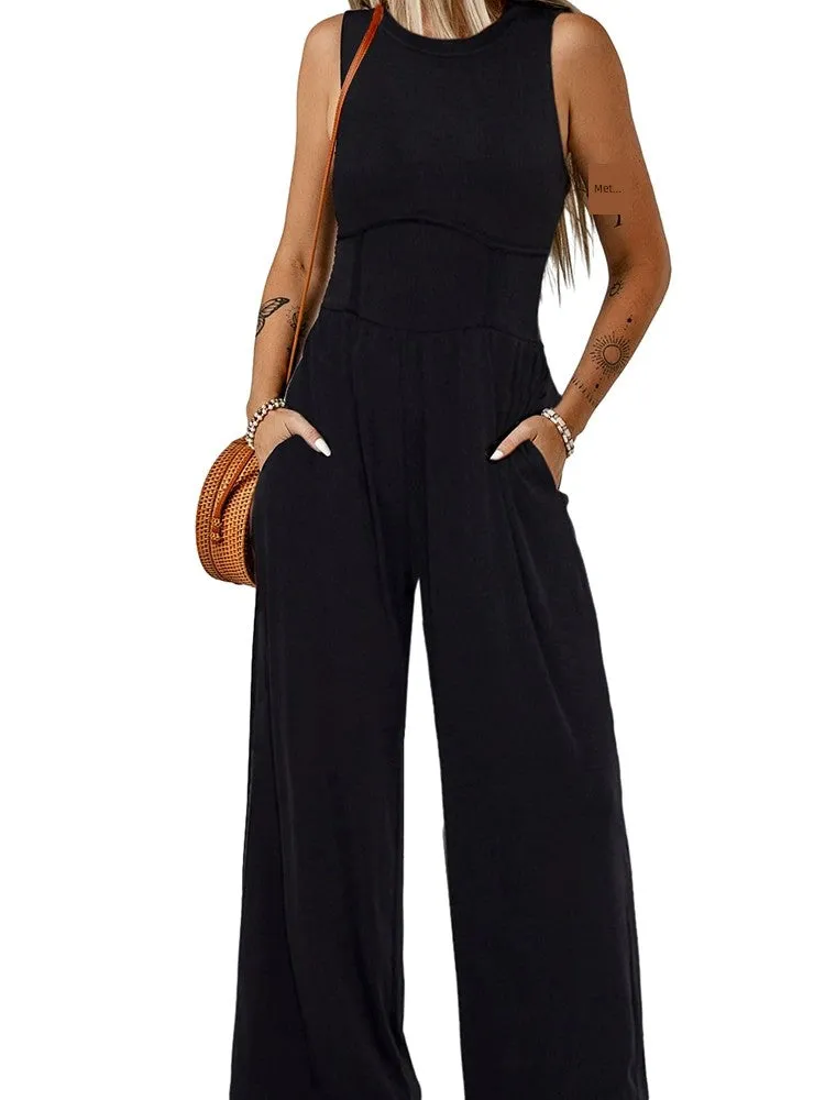 Leisure Minimalist round Neck Vest Jumpsuit for Women 2024 Summer New Arrival Waist-Tight Slimming and Straight Loose Pants Women