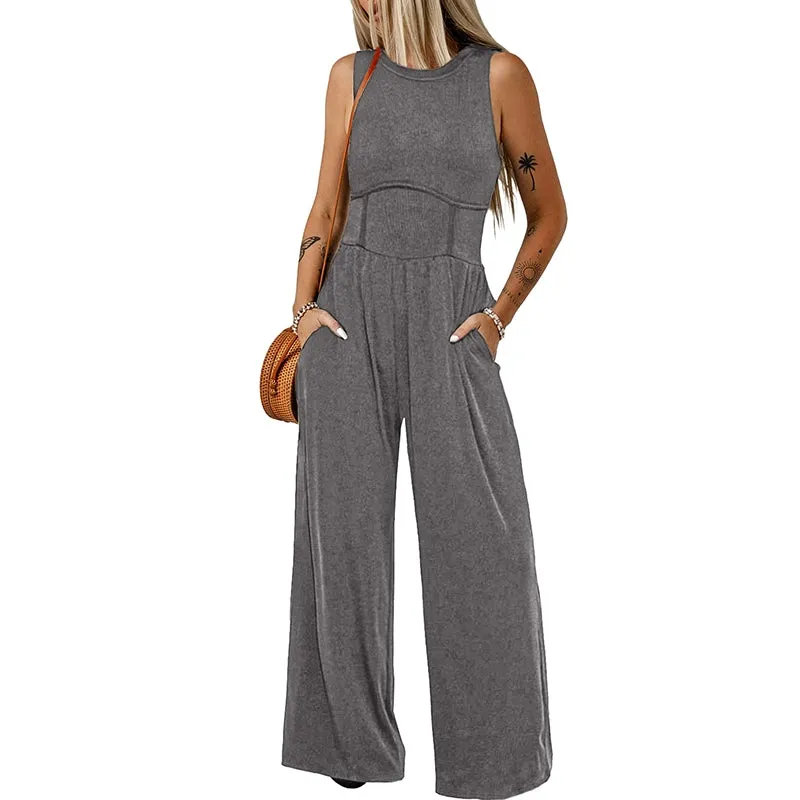 Leisure Minimalist round Neck Vest Jumpsuit for Women 2024 Summer New Arrival Waist-Tight Slimming and Straight Loose Pants Women