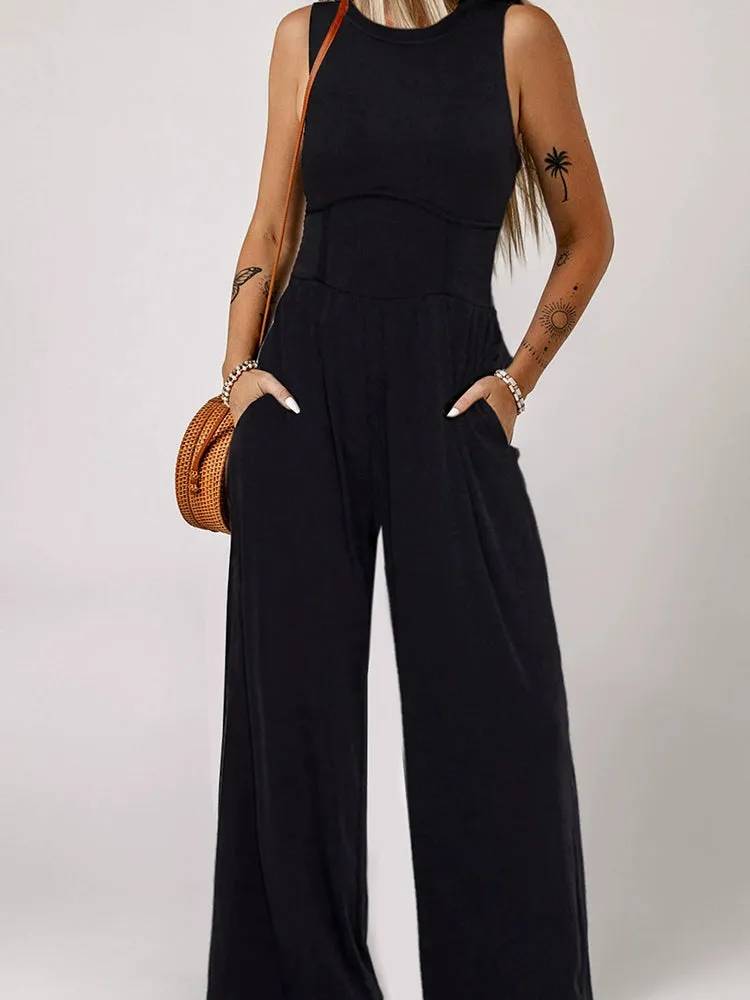 Leisure Minimalist round Neck Vest Jumpsuit for Women 2024 Summer New Arrival Waist-Tight Slimming and Straight Loose Pants Women