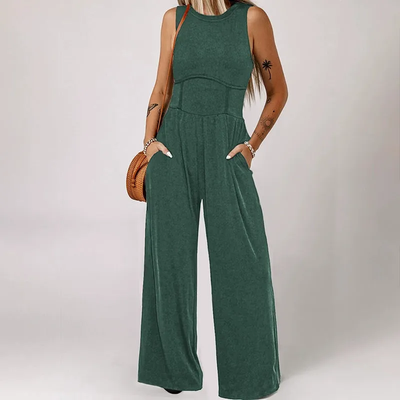 Leisure Minimalist round Neck Vest Jumpsuit for Women 2024 Summer New Arrival Waist-Tight Slimming and Straight Loose Pants Women