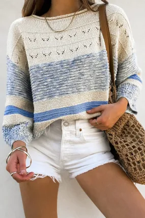 Light Blue Color Block Boat Neck Long Sleeve Sweater | Winter Fashion | Casual Tops