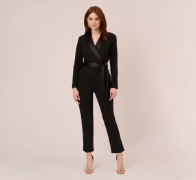 Long Sleeve Crepe Jumpsuit With Tuxedo Collar In Black