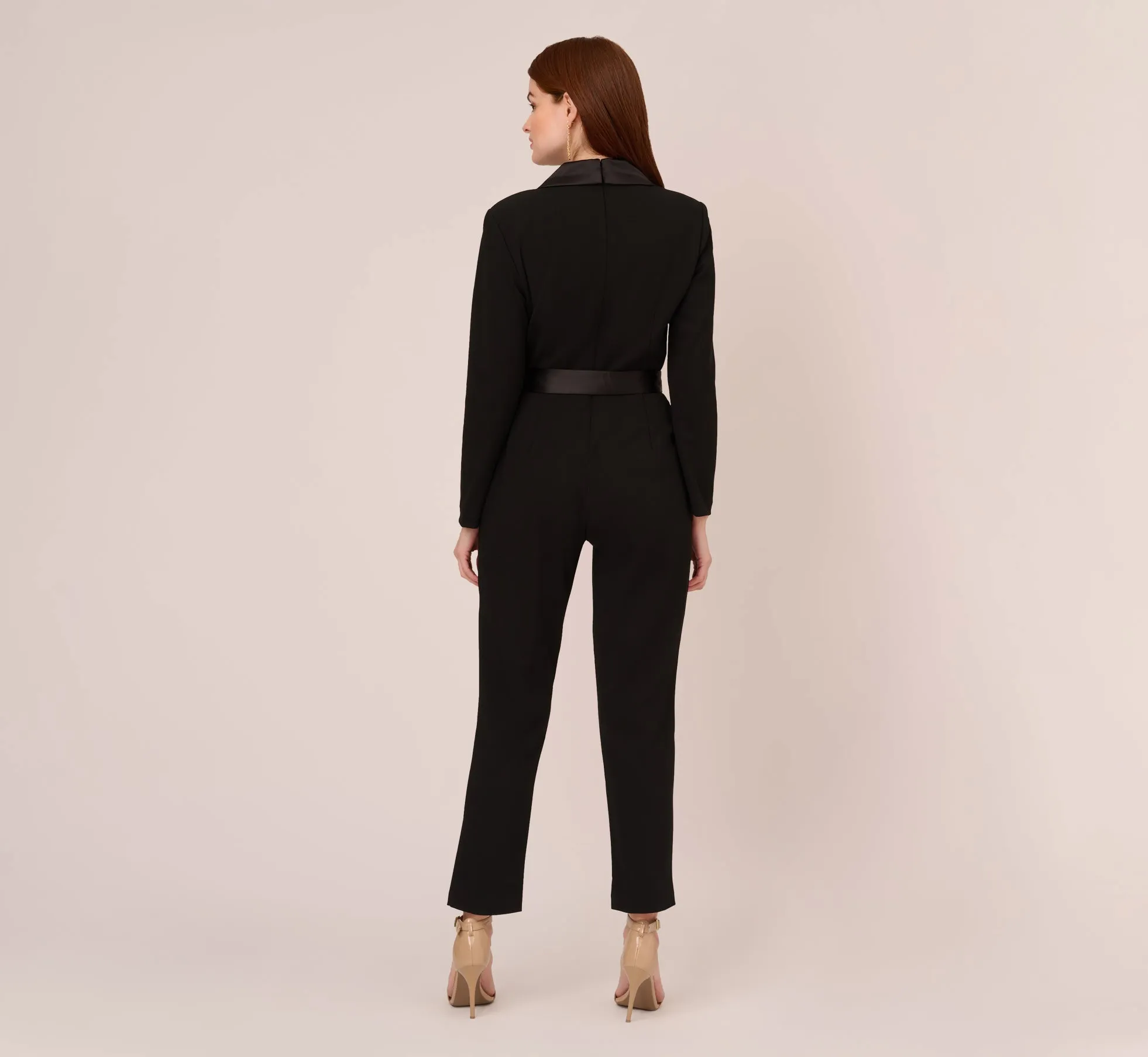 Long Sleeve Crepe Jumpsuit With Tuxedo Collar In Black