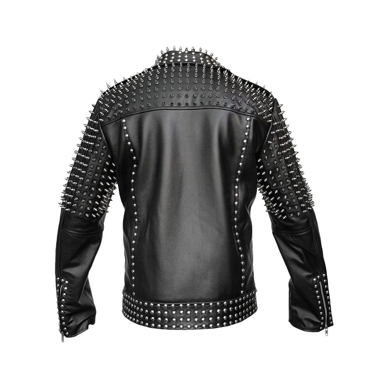 Mens Leather Jacket Black Spike Studded Rock Star Punk Style Cropped (F-SPIKE)