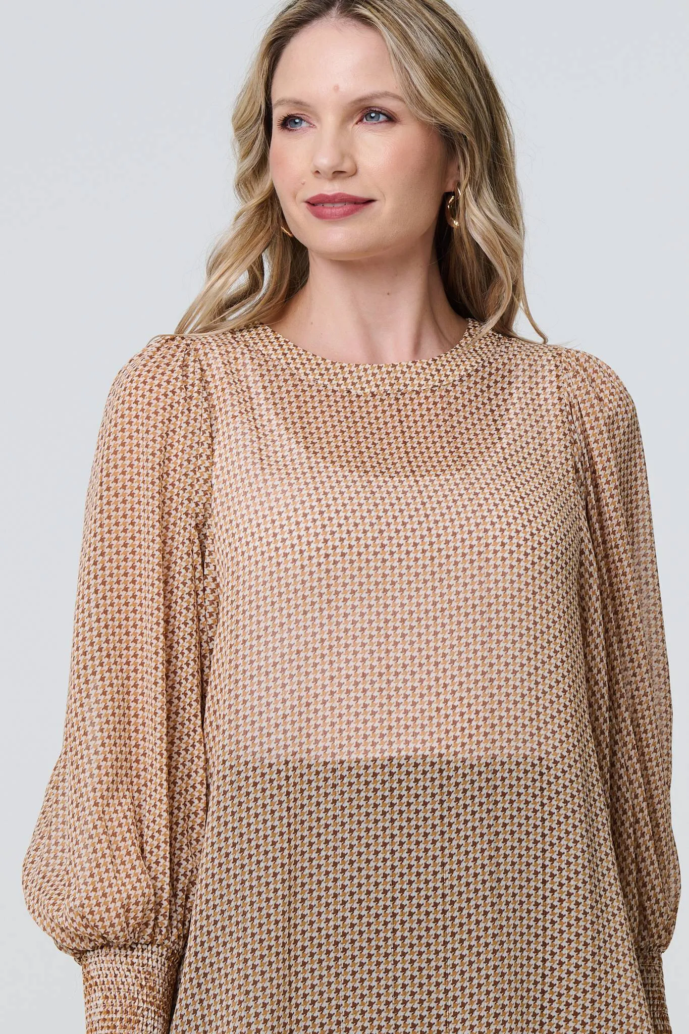 Mesh Fishnet Long Puff Sleeve Top