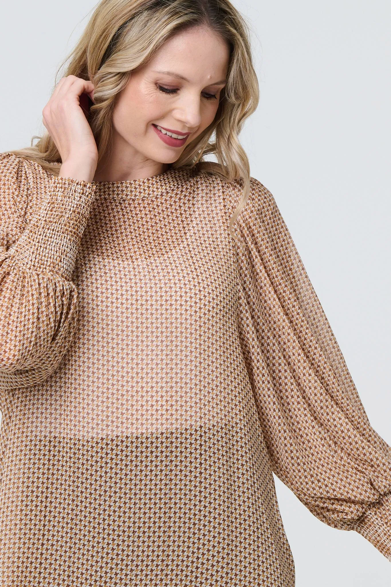 Mesh Fishnet Long Puff Sleeve Top