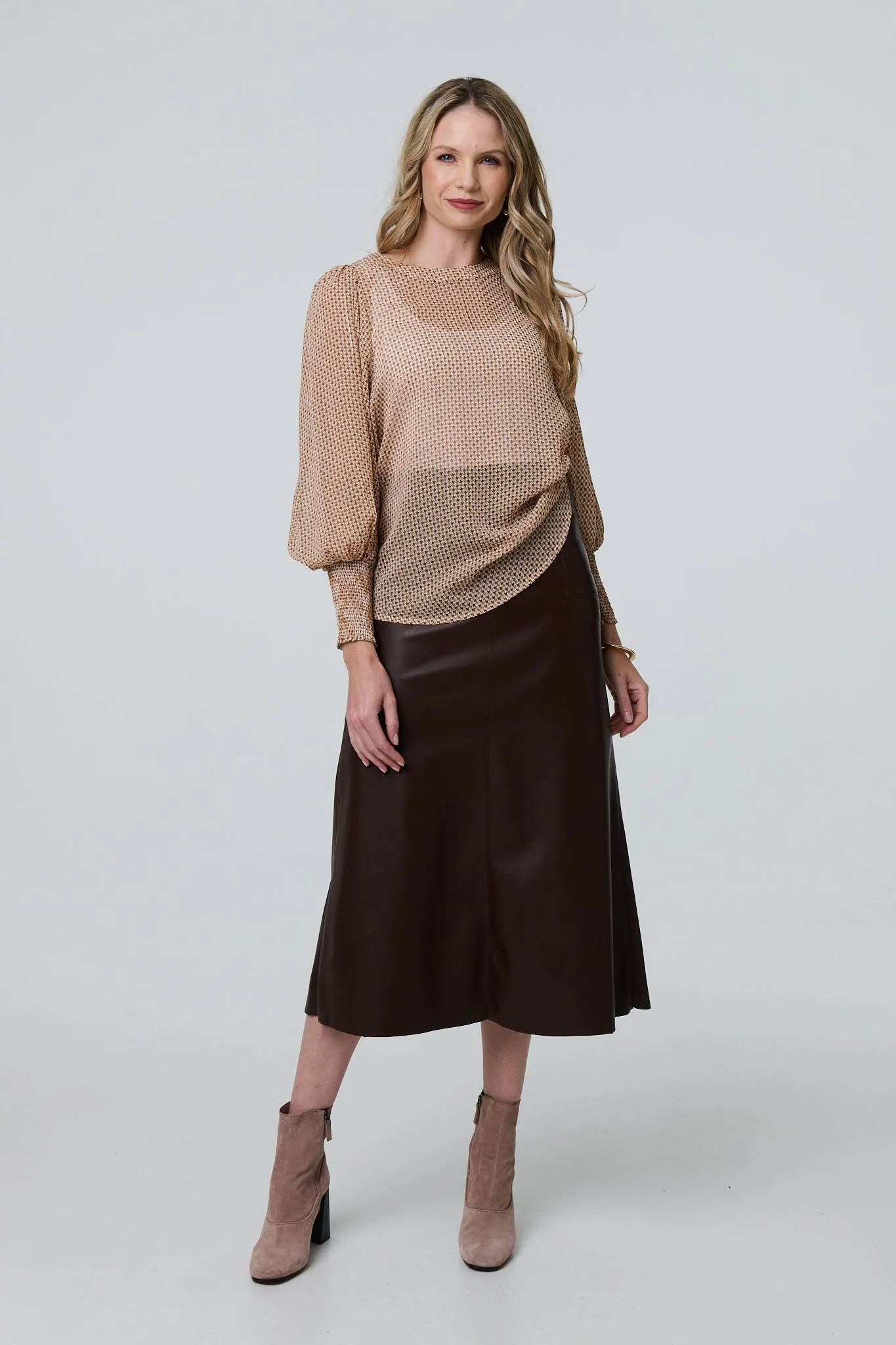 Mesh Fishnet Long Puff Sleeve Top