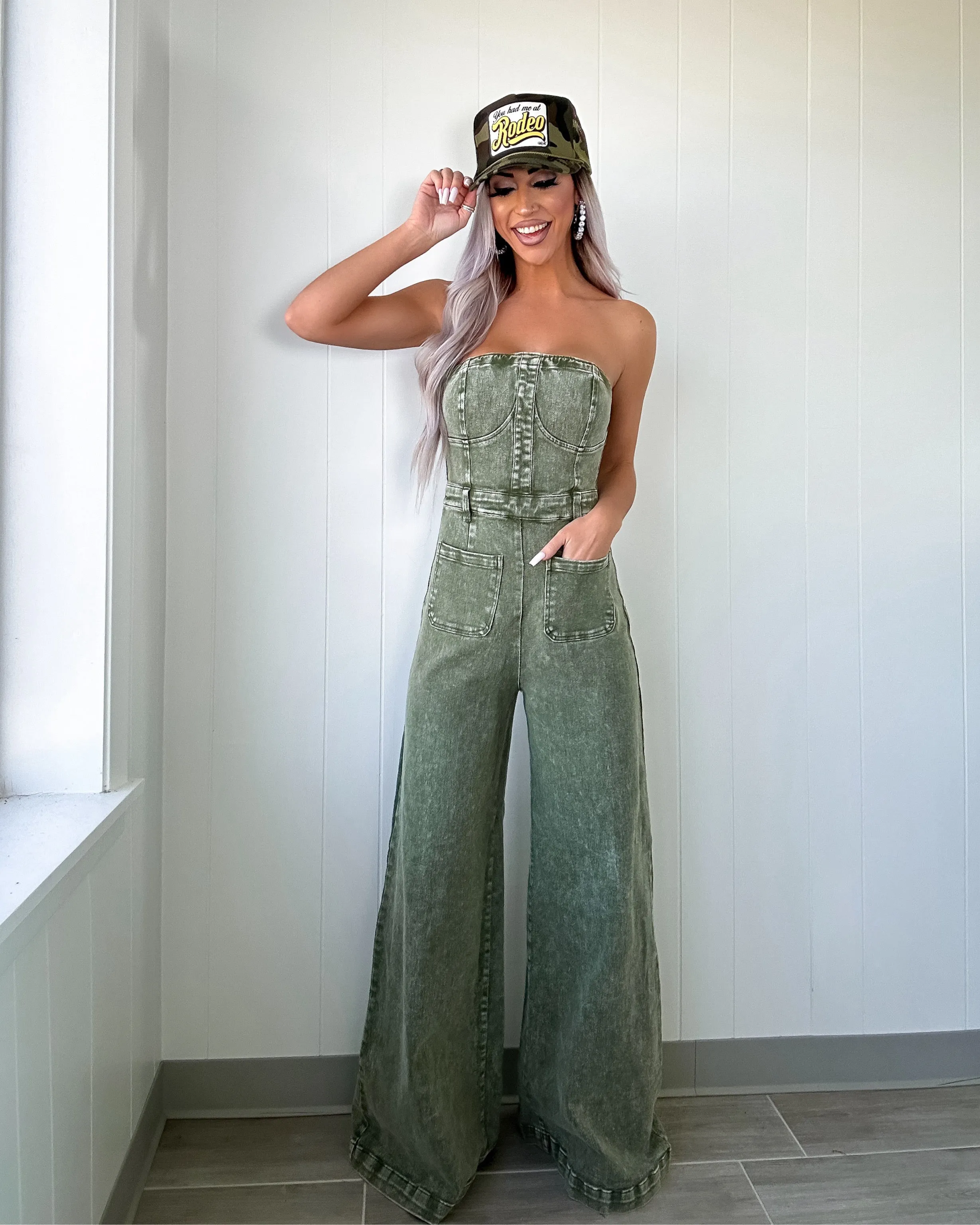 Midland Tube Top Denim Jumpsuit - Olive